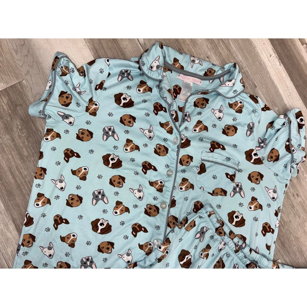 Pillow Talk Pajama Set Women Blue Dog Print Button Down Shorts M